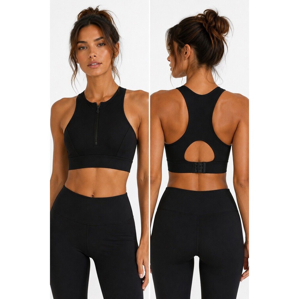 LINC Active Black Ribbed Front Zip High Support Racerback Sports Bra M